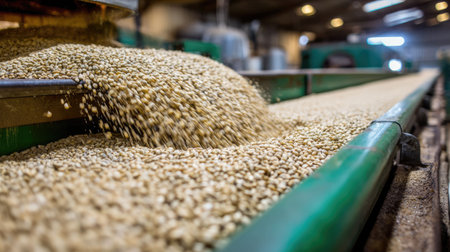 Close-up of grain flowing on a conveyor belt in an agricultural processing facility, showcasing the machinery and production process in action.の素材