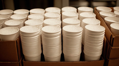 A close-up view of neatly stacked white disposable cups in cardboard boxes, ideal for events, parties, or catering services, showcasing practicality and convenience.の素材