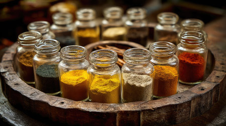 An artistic arrangement of spice jars on a rustic wooden tray showcases a vibrant palette of colors and textures, perfect for culinary inspiration.の素材