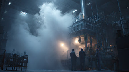 This image captures an industrial scene featuring workers engaged in a manufacturing process amidst a cloud of mist and steam. The setting showcases modern machinery and operational dynamics.の素材