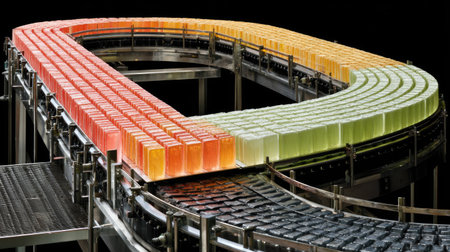 This image showcases a vibrant assembly line in a modern factory, featuring colorful soap blocks on a conveyor belt in a circular arrangement, symbolizing efficiency and innovation.の素材