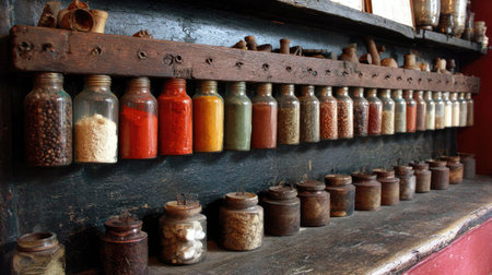 A vibrant collection of spices and herbs in various glass jars on a rustic wooden shelf, showcasing a traditional kitchen filled with rich colors and aromas.の素材