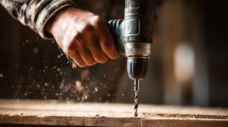 A skilled craftsman using an electric drill on a wooden surface. This image captures the essence of woodworking with warm workshop lighting and the dynamic feel of creating.の素材