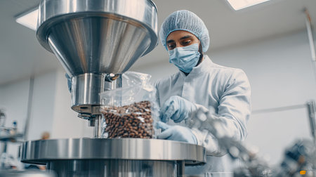 A dedicated worker in a laboratory coat and mask meticulously weighs ingredients using precise machinery in a food production facility.の素材