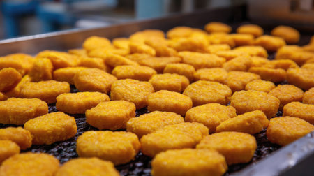 A vibrant display of golden-breaded chicken nuggets sizzling on a grill in a commercial kitchen, showcasing a popular snack ready for serving.の素材