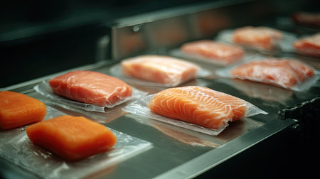 A selection of vacuum-sealed salmon and fish fillets arranged neatly in a market setting, showcasing freshness and quality for consumers.の素材