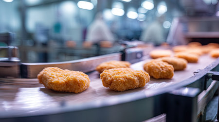 This image captures the manufacturing process of chicken nuggets on a conveyor belt in a food processing facility, highlighting efficiency and automation.の素材