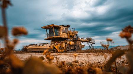 An abandoned agricultural machine stands alone in a rural field beneath a dramatic sky. The scene evokes nostalgia and reflects the passage of time.の素材