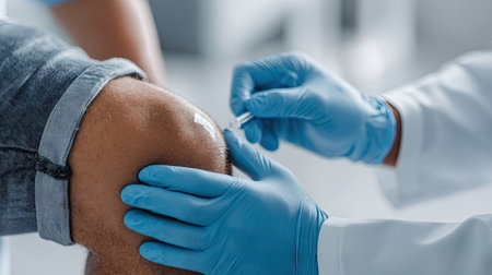 Medical professional provides an injection to a patient's knee in a clinical setting, highlighting patient care and health procedures with precision and compassion.の素材