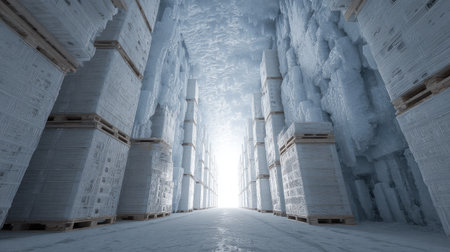 A vast ice storage facility showcasing stacked pallets of frozen goods, emphasizing the cold temperature, clean lines, and organized warehouse environment.の素材