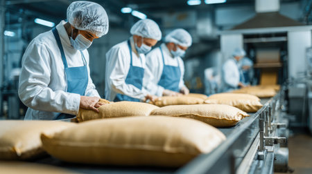 In a bustling factory, workers efficiently fill bags with grain, demonstrating teamwork and precision in an agricultural production line. The environment showcases safety protocols and industrial workflows essential for operational success.の素材
