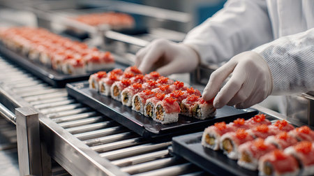 A chef skillfully arranges vibrant sushi rolls in a modern kitchen, showcasing the art of food preparation and culinary excellence.の素材