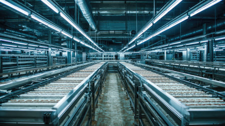 A spacious interior view of a modern industrial food production facility featuring long conveyor lines under bright overhead lights, showcasing efficiency in processing.の素材