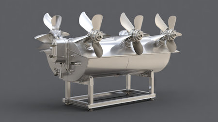 This image features a detailed model of a stainless steel propeller engine with four propellers, perfect for showcasing aviation technology and design.の素材