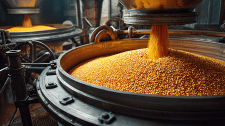 This image captures vibrant orange grains being processed in industrial machinery within a production facility, showcasing the detailed process and technological aspects.の素材