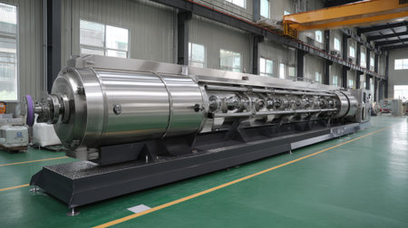 A sleek stainless steel industrial machine stands prominently in a modern manufacturing facility, showcasing advanced technology and efficient design.の素材