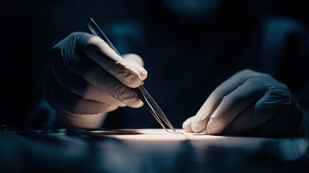 This image captures a skilled surgeon's hands delicately using forceps during a surgical procedure in a dimly lit operating room, emphasizing precision and care.の素材