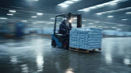 A dynamic scene showcasing a forklift in rapid motion as it transports goods in a spacious warehouse, highlighting industrial operations and logistics.の素材