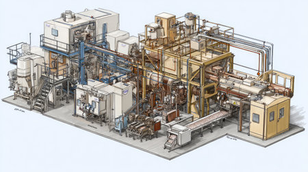 This illustration showcases a detailed industrial machinery layout, highlighting various components for effective manufacturing and production workflows.の素材