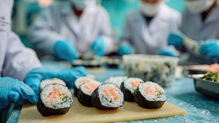 A close-up view of sushi rolls being expertly prepared by skilled chefs in a vibrant kitchen setting, showcasing teamwork and culinary skills in action.の素材