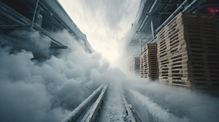 A dynamic view of a cold storage facility, showcasing vapor rising between wooden pallets in an industrial setting, ideal for refrigeration imagery.の素材