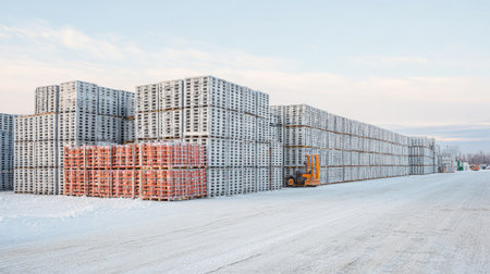 A collection of stacked wooden pallets fills an outdoor storage area on a snowy day, while a forklift prepares for loading, showcasing industrial logistics.の素材