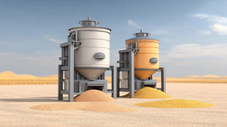 Two industrial grain silos are positioned in a desert landscape, highlighting advanced agricultural storage solutions and modern food production techniques.の素材