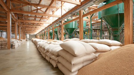 This image captures the interior of a modern grain storage facility, featuring neatly stacked bags and efficient industrial equipment designed for grain processing.の素材