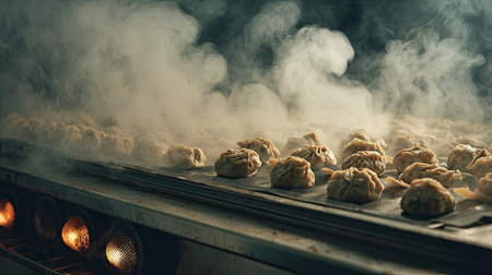 A captivating view of steaming dumplings resting on a hot griddle, surrounded by swirling smoke, showcasing the vibrant atmosphere of an Asian kitchen.の素材