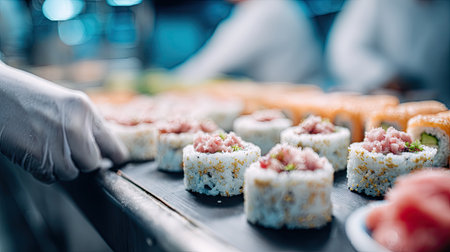 This image depicts a series of beautifully arranged sushi rolls prepared by a skilled chef. The vibrant colors and textures highlight the culinary artistry and fresh ingredients used in sushi making, making it a perfect addition to any food-related project.の素材