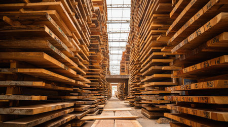 A vast warehouse filled with neatly stacked wooden planks, showcasing a well-organized display of timber materials under bright natural light.の素材