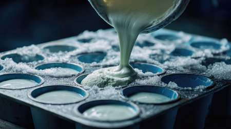 Close-up view of a blue silicone mold filled with a creamy mixture being poured for homemade frozen treats. The scene highlights the preparation process in a kitchen setting, evoking a sense of fun and creativity.の素材