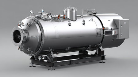 Detailed image of an industrial autoclave machine designed for sterilization, showcasing its stainless steel construction and advanced technology.の素材