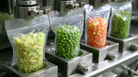 This image showcases a modern food packaging process featuring an array of colorful diced vegetables in transparent bags. The efficient machinery highlights the commitment to food safety and freshness in a busy factory environment.の素材