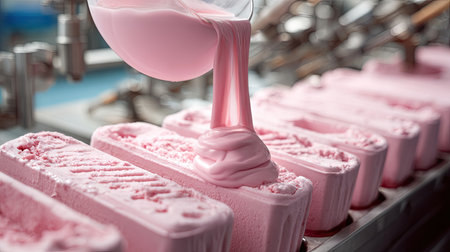 A vibrant scene showcasing the pouring of pink ice cream mixture into molds at a modern production facility, highlighting industrial machinery and food processing techniques.の素材