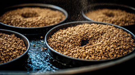 A captivating close-up image of dry pet food arranged in round bowls, showcasing rich textures and earthy tones, ideal for pet-related content and marketing.の素材