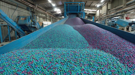 A vibrant display of colorful granules fills an industrial processing facility, showcasing efficient machinery and production methods in action.の素材