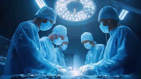 A dedicated surgical team meticulously performing a procedure in a modern operating room, surrounded by bright lights and sterile equipment, emphasizing teamwork and precision in healthcare.の素材