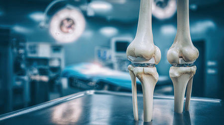 A detailed anatomical model of human knee joints displayed in an operating room, showcasing surgical tools and equipment, emphasizing medical precision and care.の素材