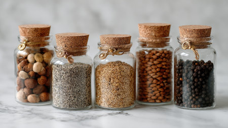 A collection of assorted glass jars containing various colorful spices and grains showcased on a marble surface, perfect for culinary inspiration.の素材