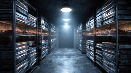 This eerie image showcases a cold meat storage facility with metal racks under harsh lighting, creating a chilling and industrial atmosphere ideal for various thematic projects.の素材