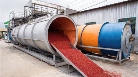 This image showcases industrial machinery used for processing red berries at a factory site, highlighting large cylindrical containers and material flow.の素材