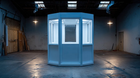 This striking image showcases a modern white security booth situated in an industrial environment. The dramatic lighting enhances its clean lines and minimalist design.の素材