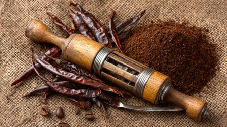 An elegant composition featuring a traditional spice grinder alongside dried chili peppers and ground coffee. This rustic scene emphasizes the beauty of culinary tradition and the rich textures of natural materials, perfect for food enthusiasts and culinary art.の素材