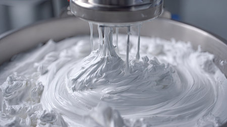 A close-up view of a thick creamy whipped mixture swirling in a stainless steel bowl, showcasing the smooth texture and glossy appearance as it is being mixed.の素材