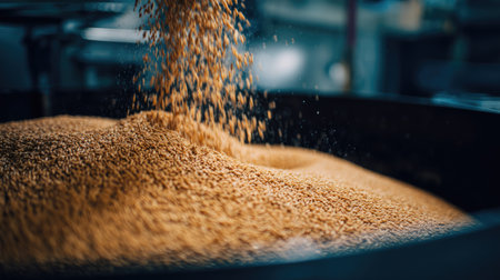 This image captures the dynamic moment of grains being poured into an industrial container, showcasing detailed textures and vibrant colors.の素材