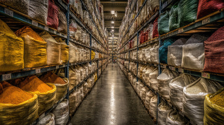Explore a vibrant warehouse aisle filled with an array of colorful spices and ingredients, stored in bags and containers, showcasing culinary diversity.の素材