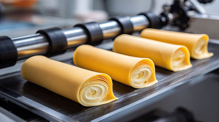 This image showcases freshly made yellow food rolls positioned neatly on a conveyor belt in a high-tech food processing facility, emphasizing innovation and quality.の素材