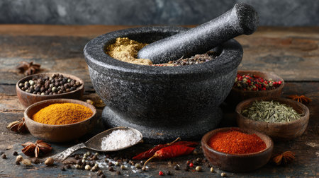 A classic stone mortar and pestle surrounded by an assortment of vibrant spices and herbs, perfect for culinary enthusiasts and cooking projects.の素材