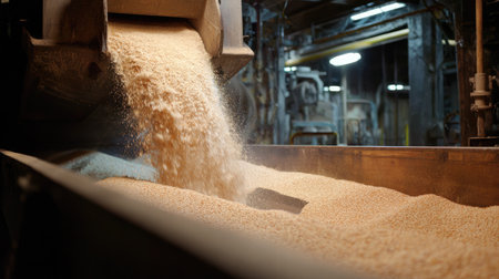A detailed view of grain processing in an industrial setting, showcasing machinery and the flow of grains into a storage container, symbolizing efficiency in food production.の素材